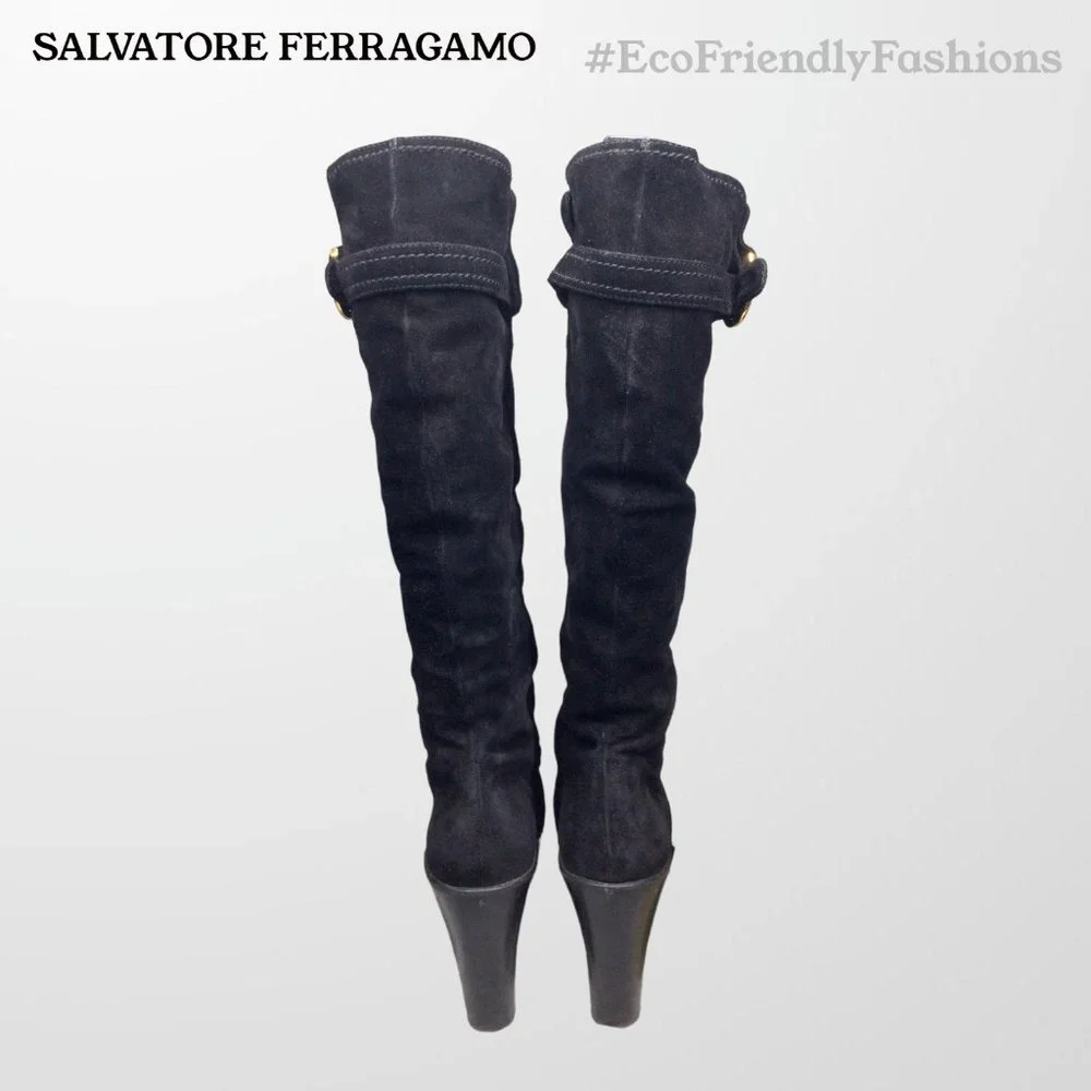 Salvatore Ferragamo Black Suede Over-The-Knee Boots with Buckle Detail